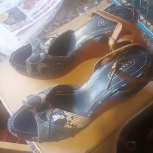 Coach Lynda denim and snakeskin wedge sandals